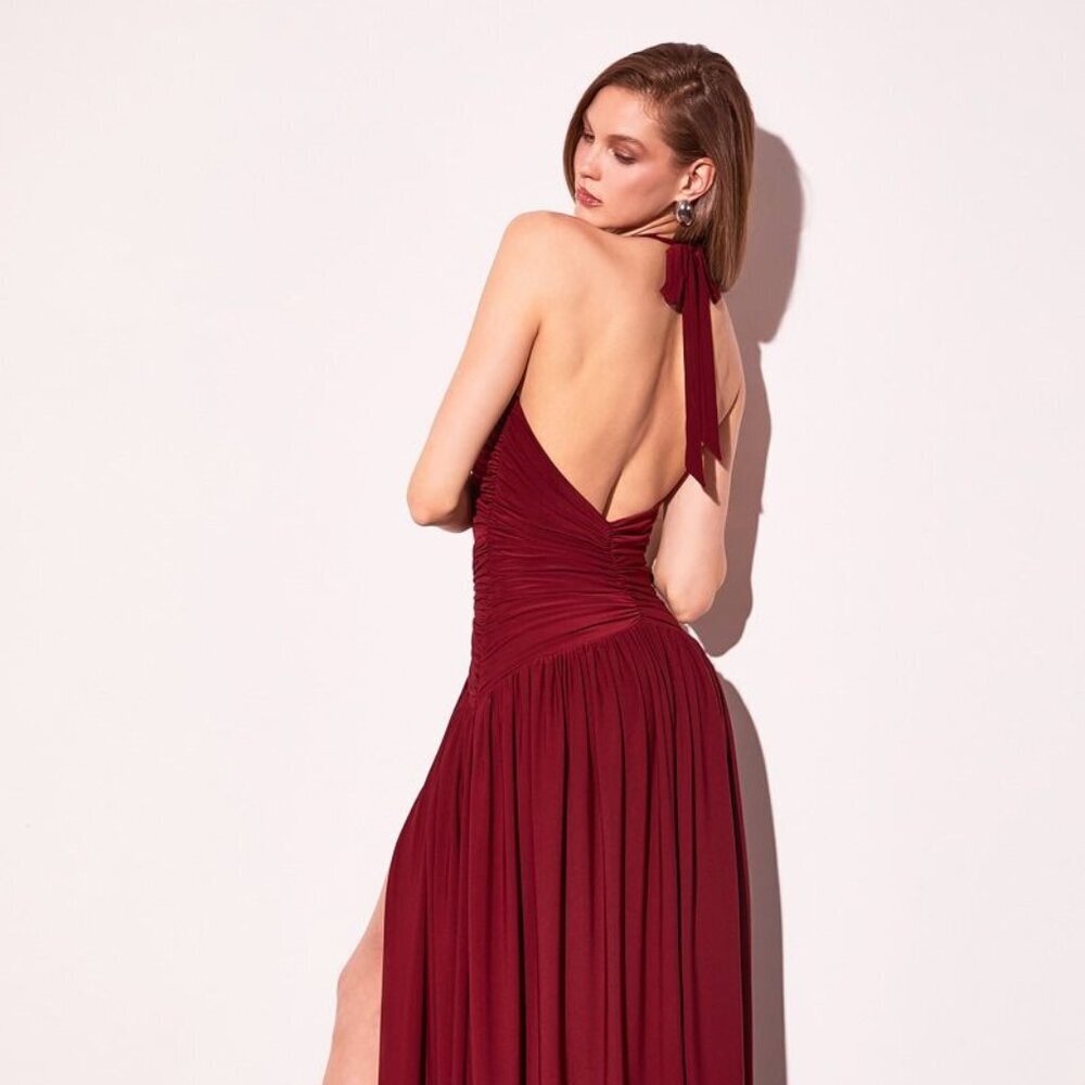 New A-Line Formal Sleeveless Dress w/ Halter Neckline & Ruched Waistline CD T502 - Picture 5 of 10